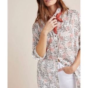 Anthropologie Button Front Floral Embroidered Semi-Sheer Top Size XS/S